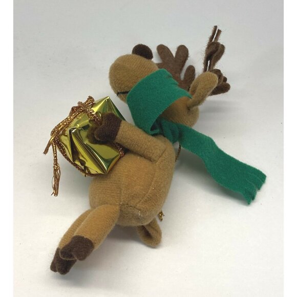 Reindeer Plush Christmas Tree Ornament Holding Gold Gift Box with Green Scarf - Picture 2 of 7
